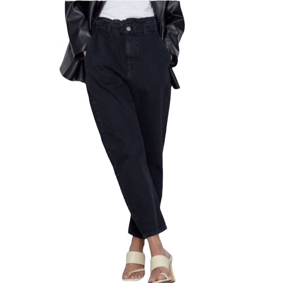 NWT Zara Black Elastic Paper Bag Waist Ultra High Rise 100% Cotton Jeans Size XL - Picture 2 of 16